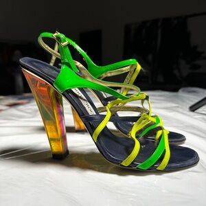 Jimmy Choo Neon Strappy Sandals Lucite Block Heels